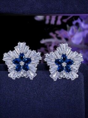 Trendy White Flower Shaped Cubic Zirconia Blue Crystal Earrings